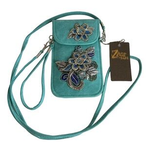 Zevar Treaska Mini Bag Crossbody Floral Flower Design Silver Blue NWT